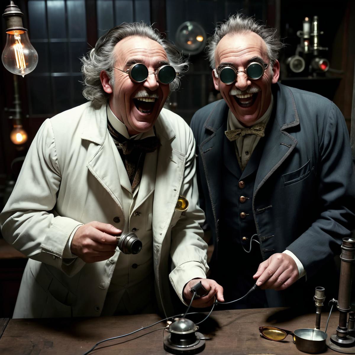 old evil scientist, man, laughing, science coat, dark experiments, electricity, victorian, dark science lab, steampunk sun...
